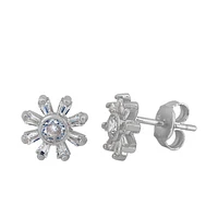 Sterling Silver With Rhodium, 8mm Flower Stud  Earrings With Cubic Zirconia