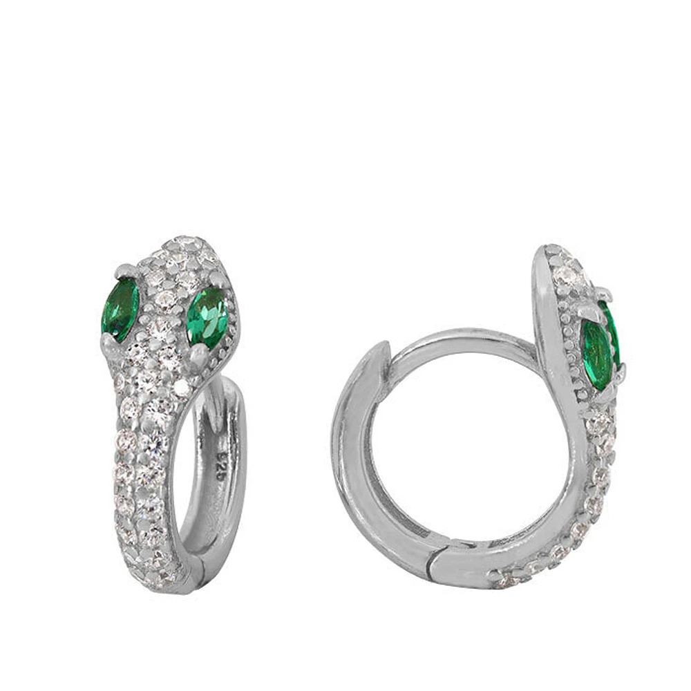 Sterling Silver With Rhodium, 11mm Snake Hoop Earrings With Cubic Zirconia