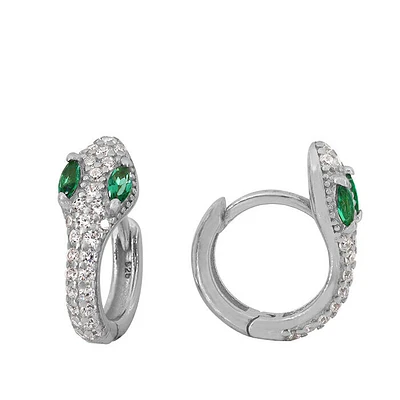 Sterling Silver With Rhodium, 11mm Snake Hoop Earrings With Cubic Zirconia