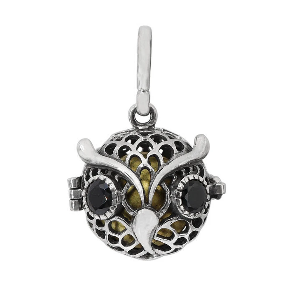 Sterling Silver, 23X27mm Owl Harmony Ball Pendant  With 16mm Ball And Cubic Zirconia