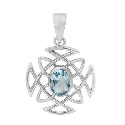 Sterling Silver With Rhodium, 21mm Celtic Pendant With 7X9mm Blue Topaz