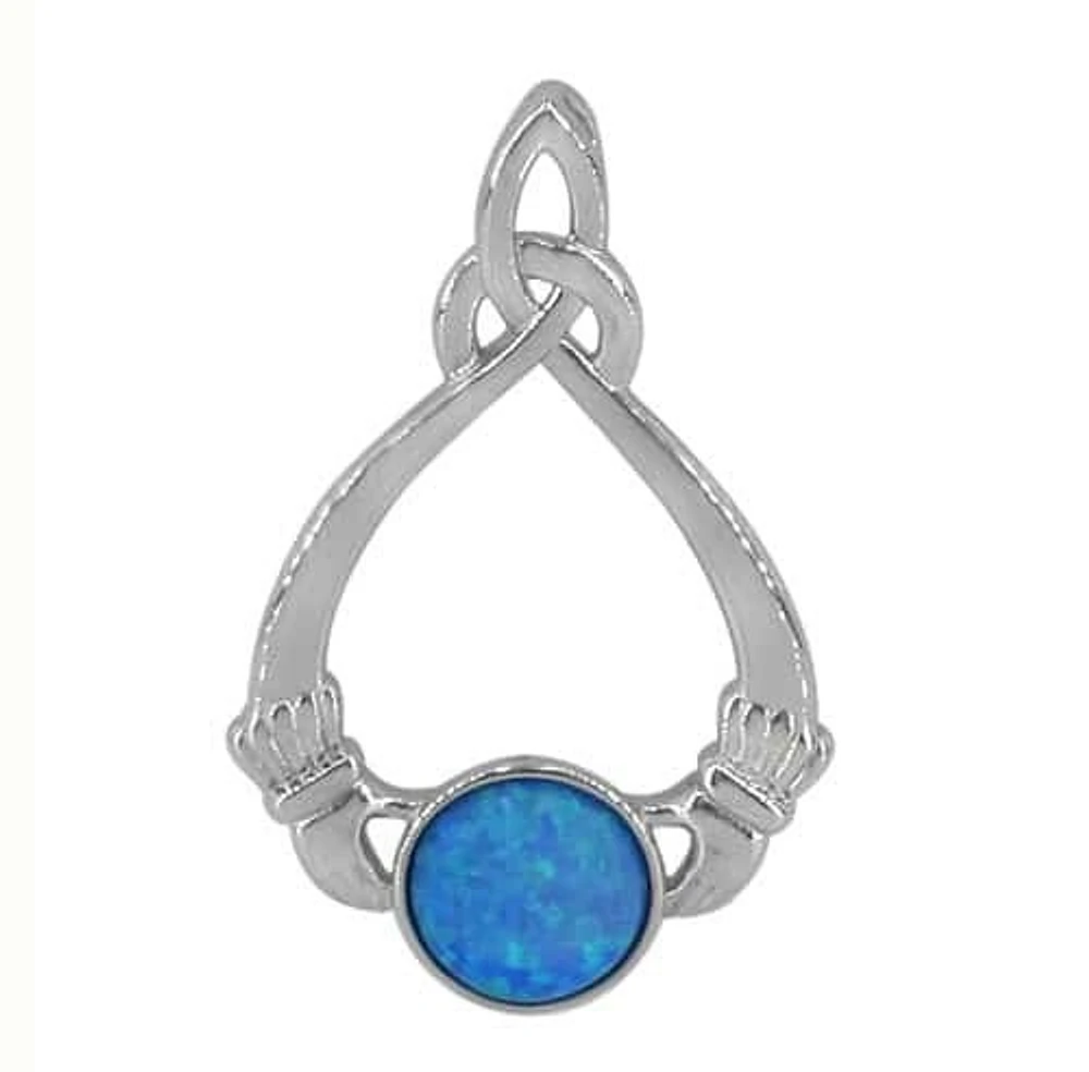 Sterling Silver With Rhodium, 38X24mm Claddagh Pendant With Emulated Opal.