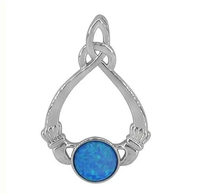 Sterling Silver With Rhodium, 38X24mm Claddagh Pendant With Emulated Opal.