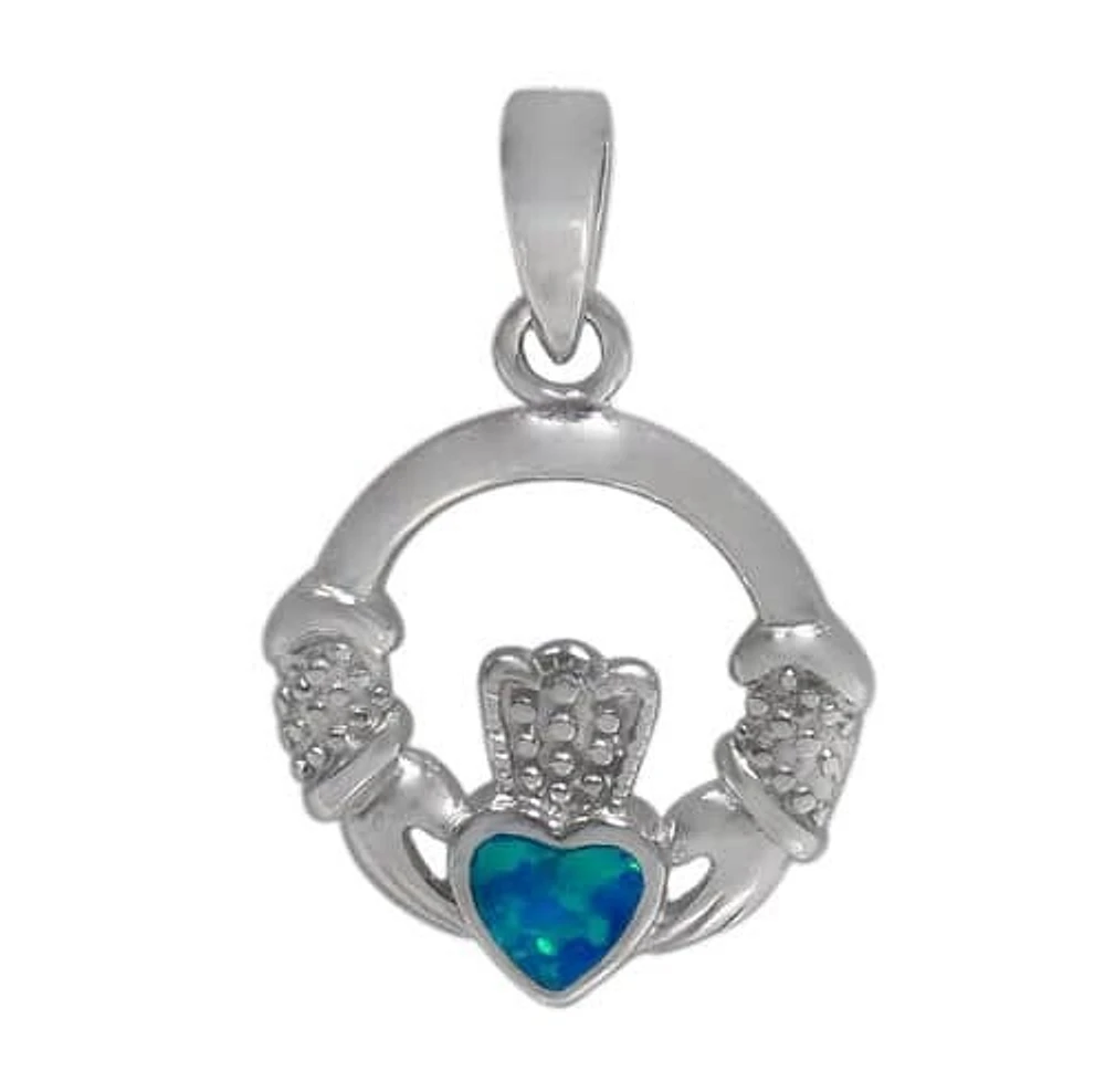 Sterling Silver With Rhodium, 18mm Claddagh Pendant With Emulated Opal.