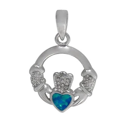 Sterling Silver With Rhodium, 18mm Claddagh Pendant With Emulated Opal.