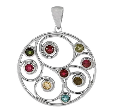 Sterling Silver With Rhodium, 29mm Chakra Pendant With 3mm Multi Stones