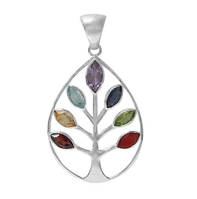 Sterling Silver With Rhodium, 40X31mm Chakra Tree Of Life Pendant With Stones