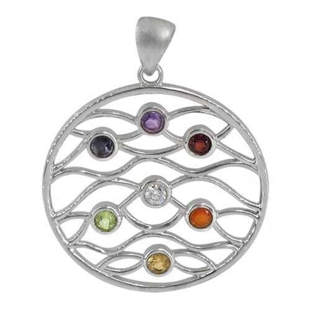 Sterling Silver With Rhodium, 32X3mm Chakra Pendant With 4mm Stones