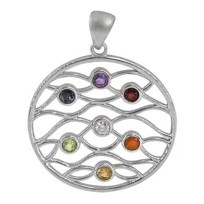 Sterling Silver With Rhodium, 32X3mm Chakra Pendant With 4mm Stones