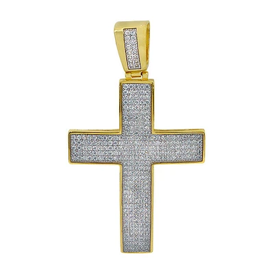 Sterling Silver With Gold, 30X41mm Cross Pendant With Micro Setting And Cubic Zirconia