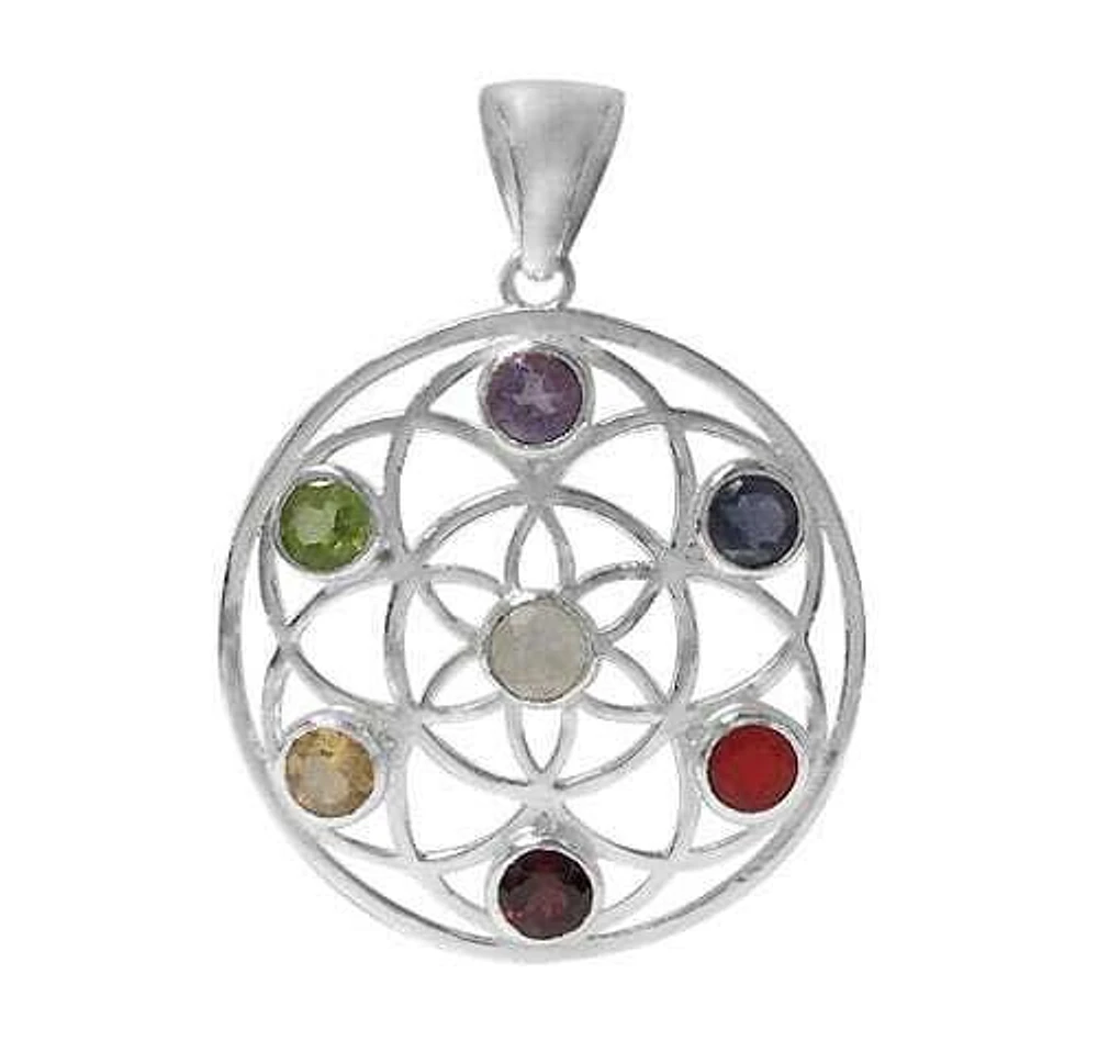 Sterling Silver With Rhodium, 36mm Flower Of Life Chakra Pendant.