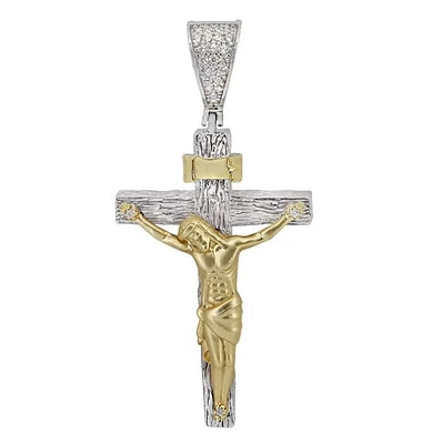 Sterling Silver With 2 Tone, 25C40mm Crucifix Cross Pendant With Cubic Zirconia