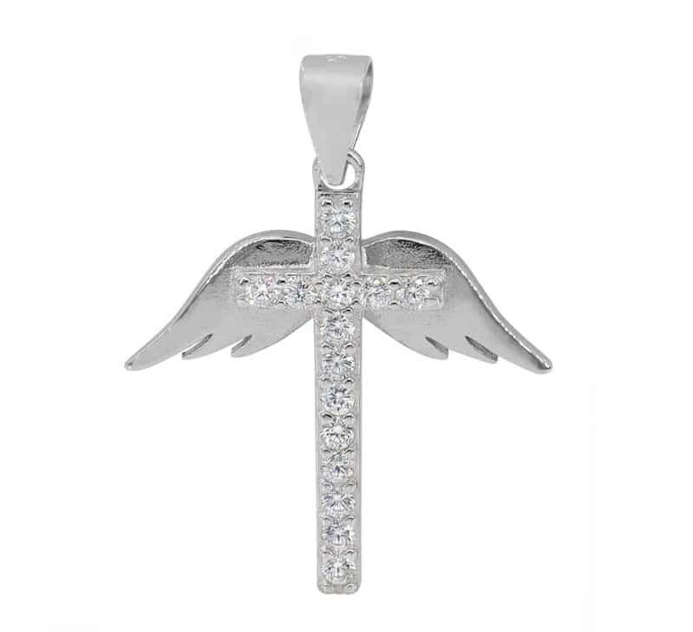 Sterling Silver With Rhodium, 21X19mm Wing And Cross Pendant With Cubic Zirconia