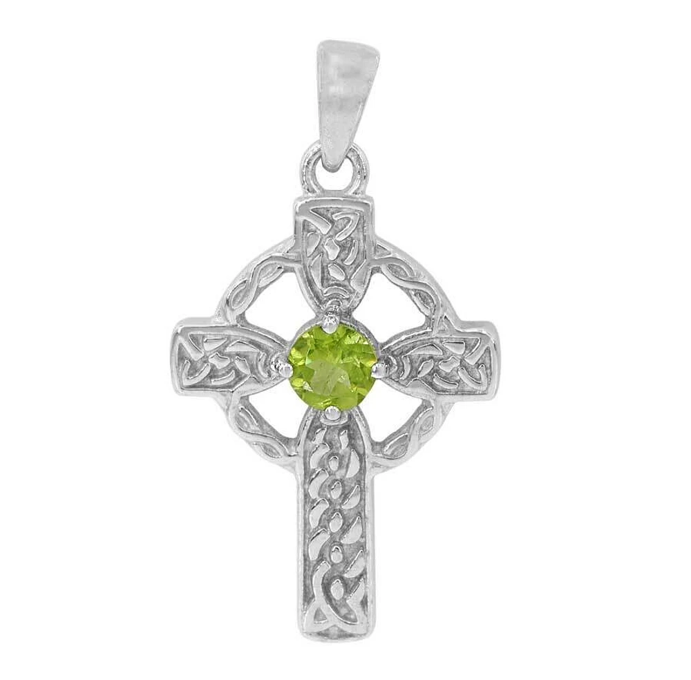 Sterling Silver With Rhodium, Celtic Cross Pendant With 6mm Peridot, 31X22mm