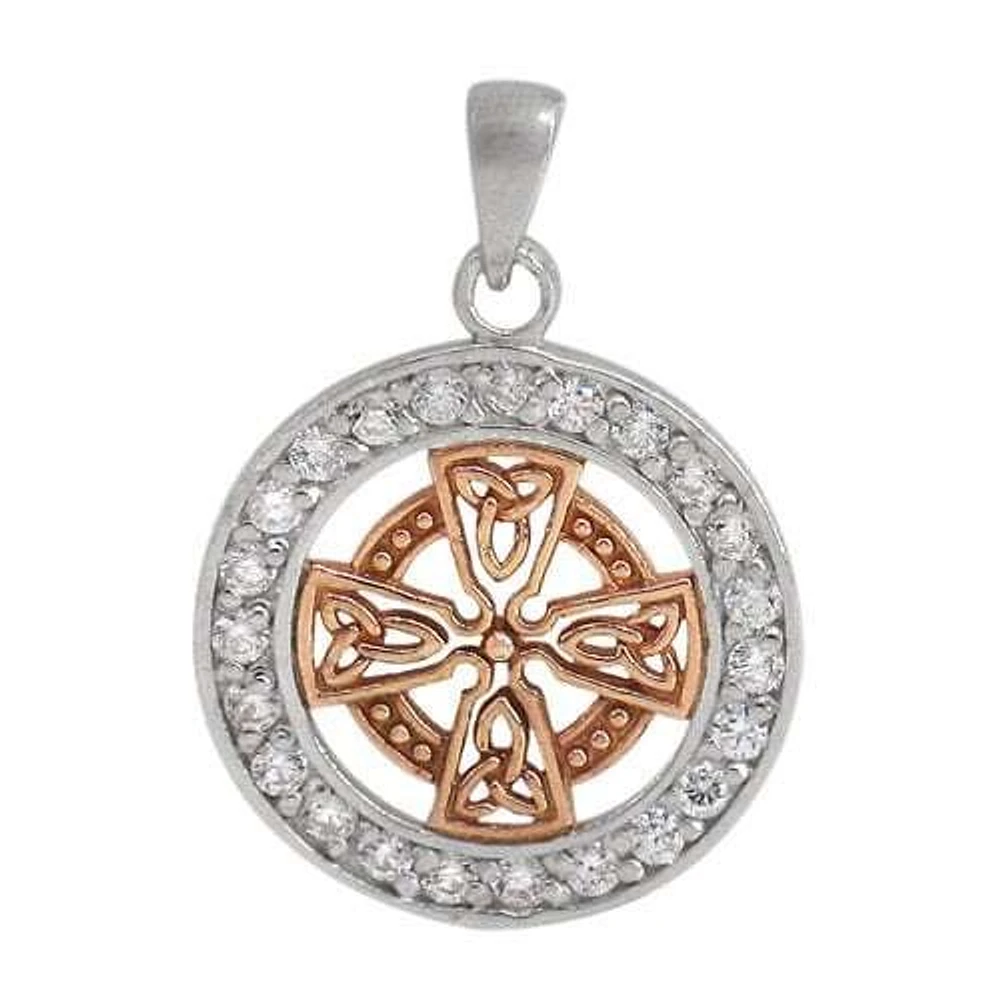 Sterling Silver, 2 Tone Celtic Cross Pendant With Cubic Zirconia, 19mm Diameter