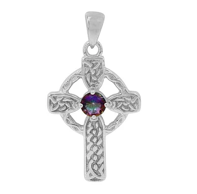 Sterling Silver With Rhodium, Celtic Cross Pendant With 6mm Mystic Quartz, 31X22mm