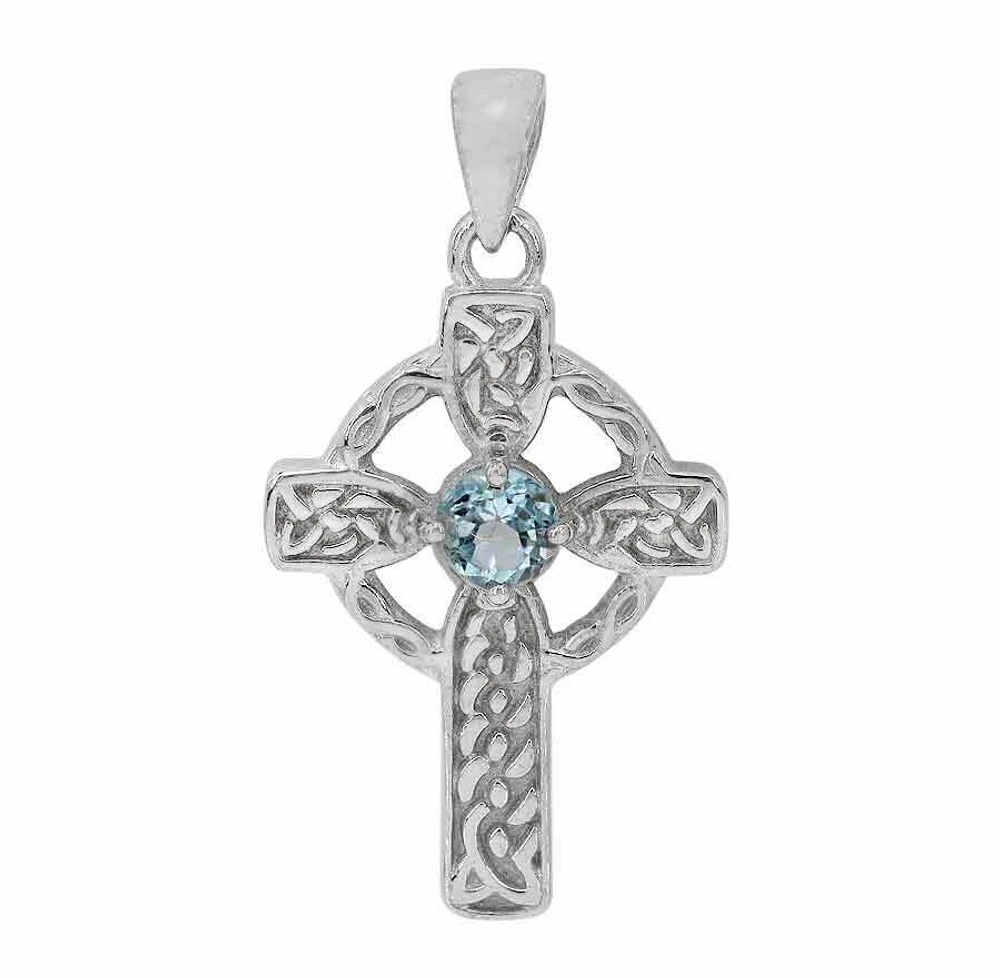 Sterling Silver With Rhodium, Celtic Cross Pendant With 6mm Blue Topaz, 31X22mm