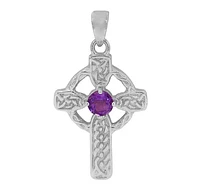 Sterling Silver With Rhodium, Celtic Cross Pendant With 6mm Amethyst, 31X22mm