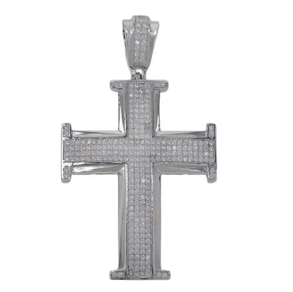 Rhodium Plated On Sterling Silver, Faceted Cross Shape Stone Pendant. Approx Pendant Size: 59mm L X 45mm W