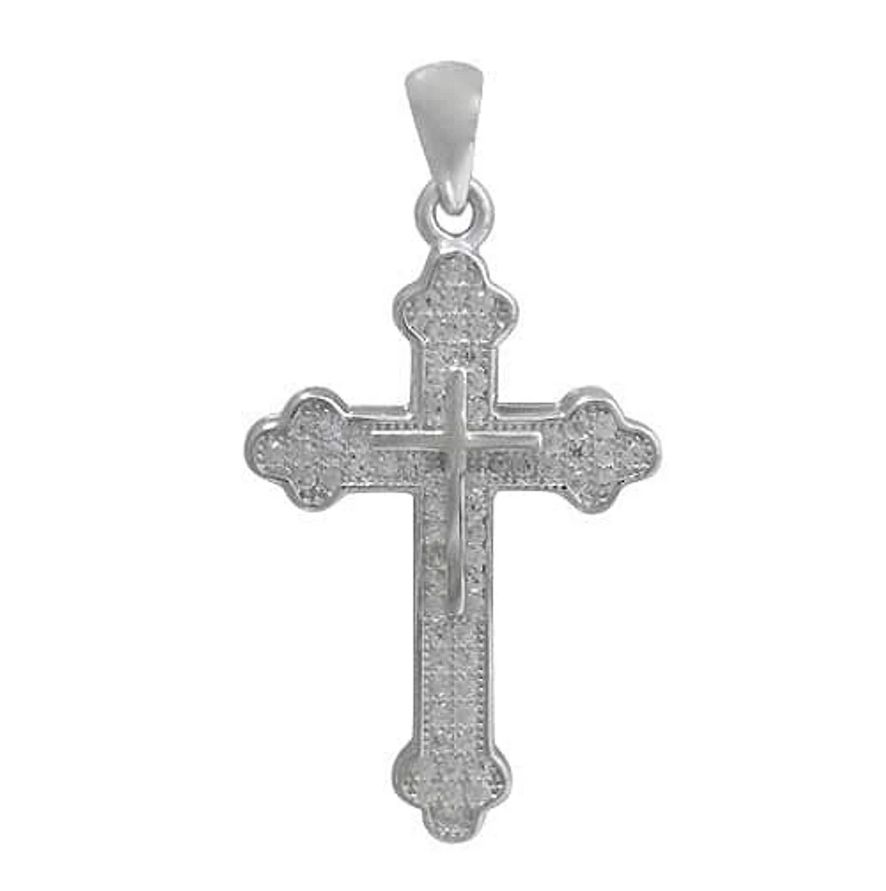 Rhodium Plated On Sterling Silver, Cross Pendant With Faceted Stone. Approx Pendant Size: 28mm L X 19mm W