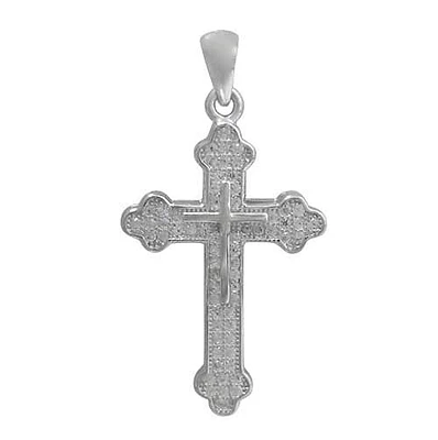 Rhodium Plated On Sterling Silver, Cross Pendant With Faceted Stone. Approx Pendant Size: 28mm L X 19mm W