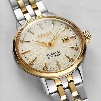 Seiko Presage Yellow Dial 30MM Cocktail Time 'White Lady' Diamond Twist Automatic SRE010