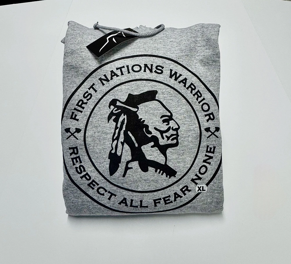 First Nations Warrior hoodie- Respect All Fear None- grey