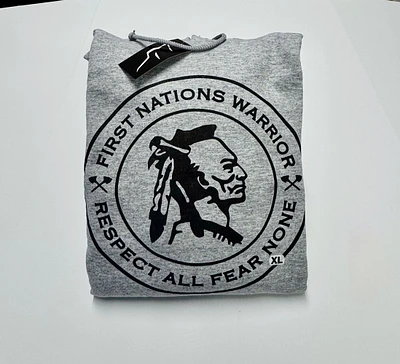 First Nations Warrior hoodie- Respect All Fear None- grey