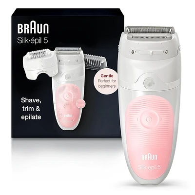 Braun Epilator Silk-épil 5 SES 5-620 Wet & Dry Use Epilator for Women, 6 Piece Set, White/Pink