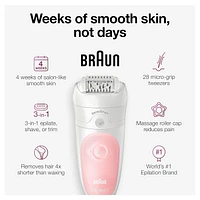 Braun Epilator Silk-épil 5 SES 5-620 Wet & Dry Use Epilator for Women, 6 Piece Set, White/Pink