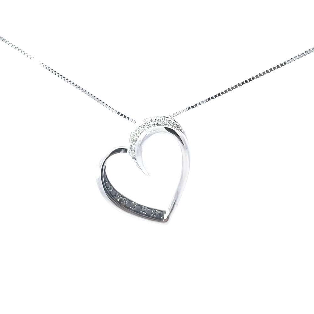 10K White Gold 0.09 cttw Black Diamond Heart Pendant, 18"