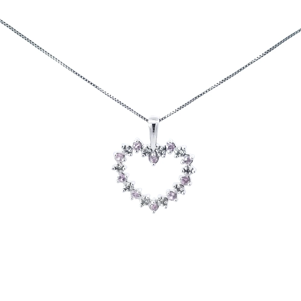 10K White Gold 0.05 cttw Diamond and Pink Sapphire Heart Pendant, 18"