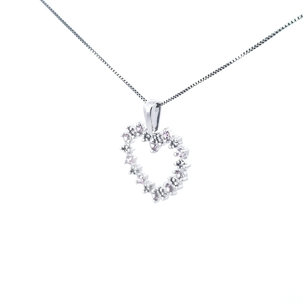 10K White Gold 0.05 cttw Diamond and Pink Sapphire Heart Pendant, 18"