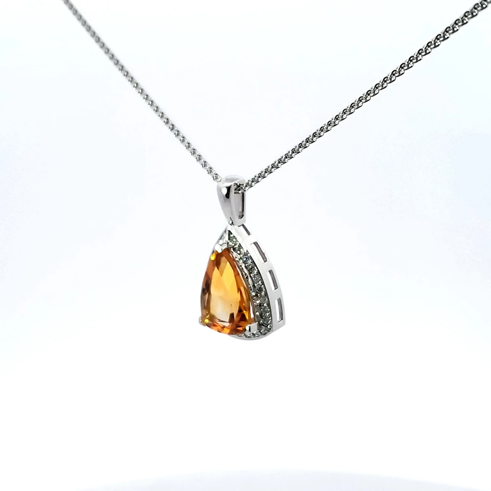 10K White Gold 0.25 cttw Diamond and Citrine Pendant, 18"