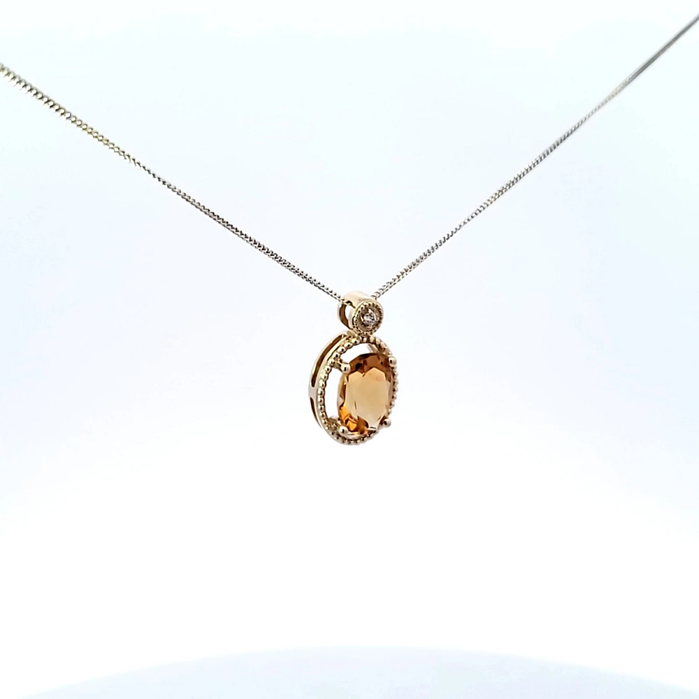 10K Yellow Gold 0.01 cttw Diamond and Citrine Pendant, 18"