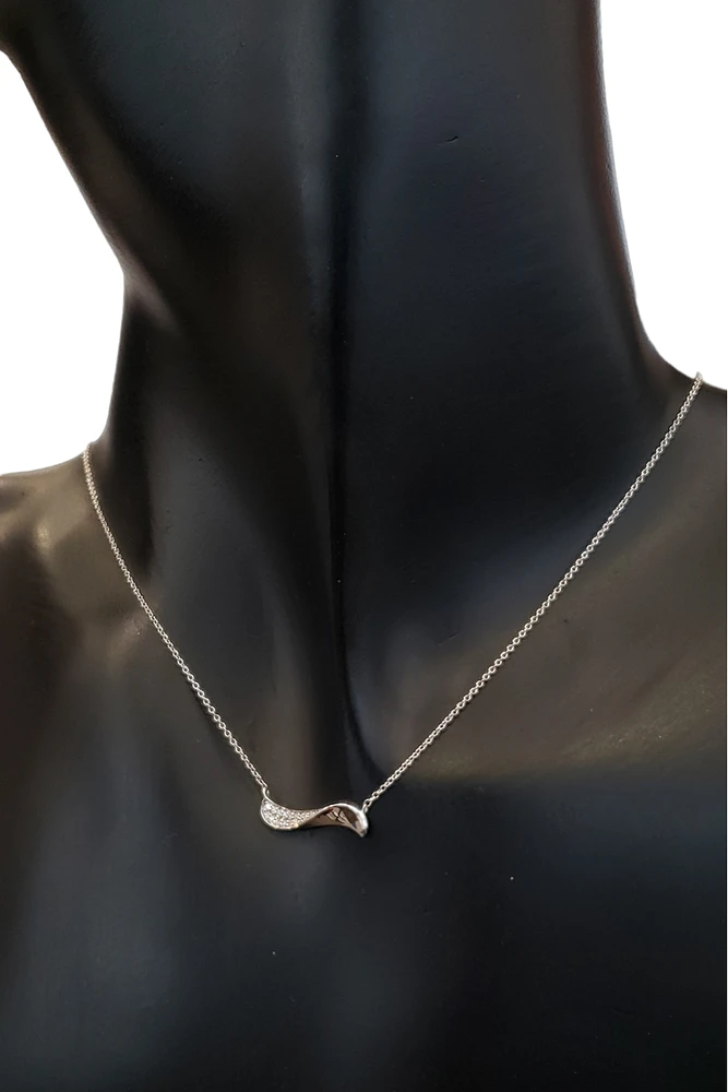 14K White Gold Diamond Wave Pendant, 18"