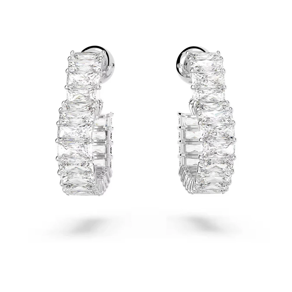 Swarovski Matrix hoop earrings, Baguette cut, Heart, Small, White, Rhodium plated - 5653170/5689693 (SS)