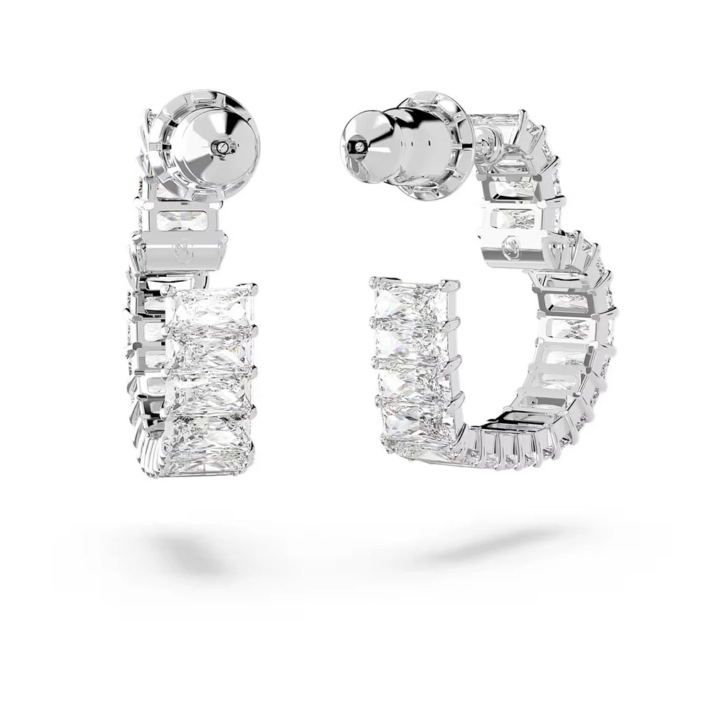 Swarovski Matrix hoop earrings, Baguette cut, Heart, Small, White, Rhodium plated - 5653170/5689693 (SS)