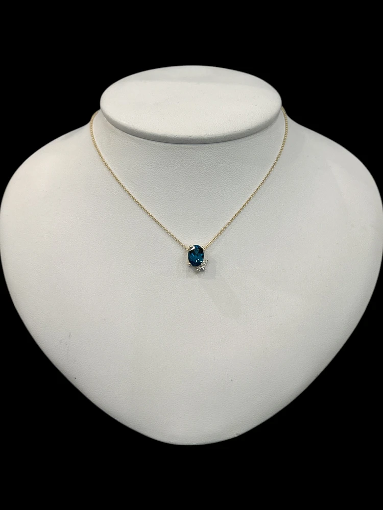 10K Yellow Gold London Blue Topaz and Diamond Pendant, 18"