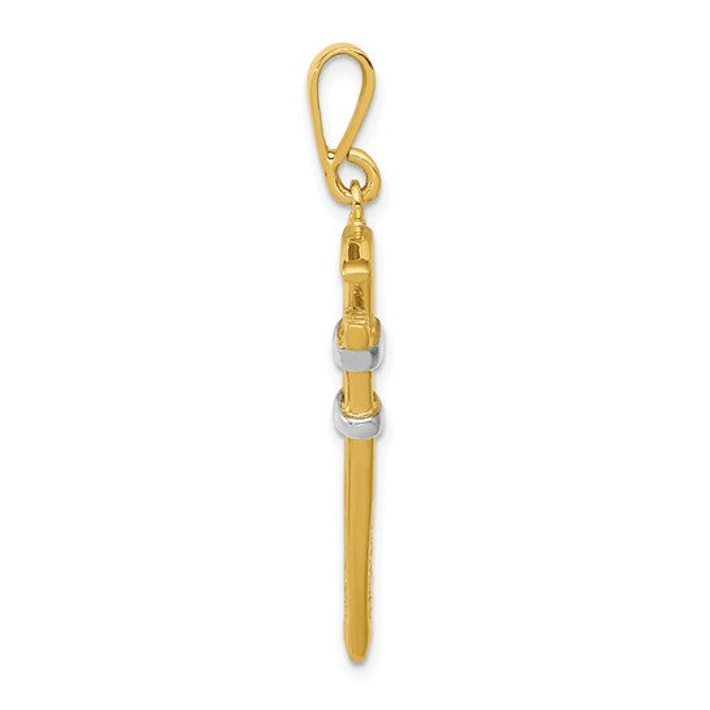 14K Two-Tone, Yellow and White Gold Rhodium 3D Pipe Wrench Charm Pendant - 40mm x 10mm