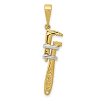 14K Two-Tone, Yellow and White Gold Rhodium 3D Pipe Wrench Charm Pendant - 40mm x 10mm