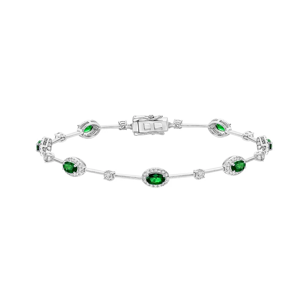 14K White Gold Halo Emerald & Diamond Bracelet