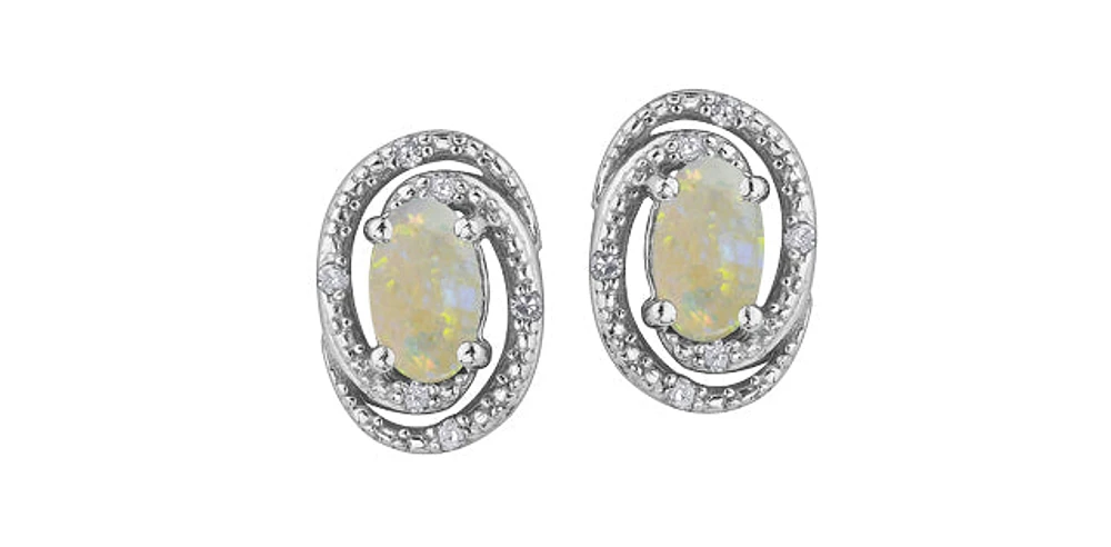 925 Sterling Silver Opal & Diamond Stud Earrings
