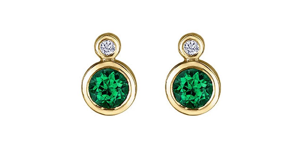 10K Yellow Gold Emerald and 0.01cttw Diamond Earrings