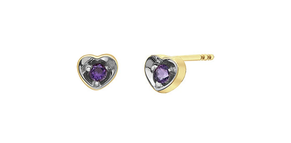 10K Yellow Gold Amethyst Heart Stud Earrings