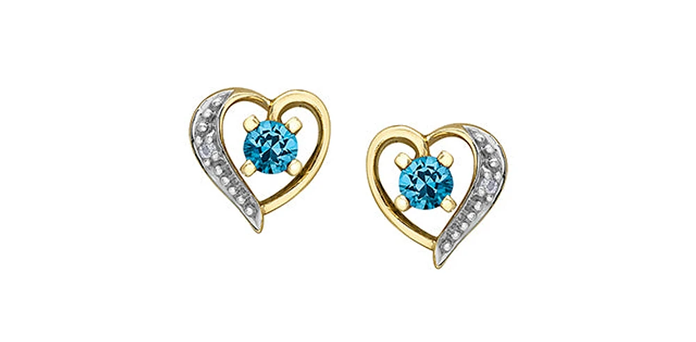 10K Yellow Gold Blue Topaz and Diamond Heart Stud Earrings
