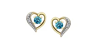 10K Yellow Gold Blue Topaz and Diamond Heart Stud Earrings