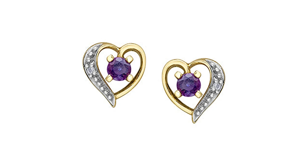 10K Yellow Gold Amethyst and Diamond Heart Stud Earrings