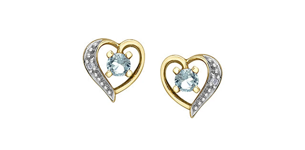 10K Yellow Gold Aquamarine and Diamond Heart Stud Earrings