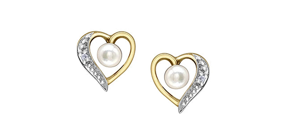 10K Yellow Gold Pearl and Diamond Heart Stud Earrings